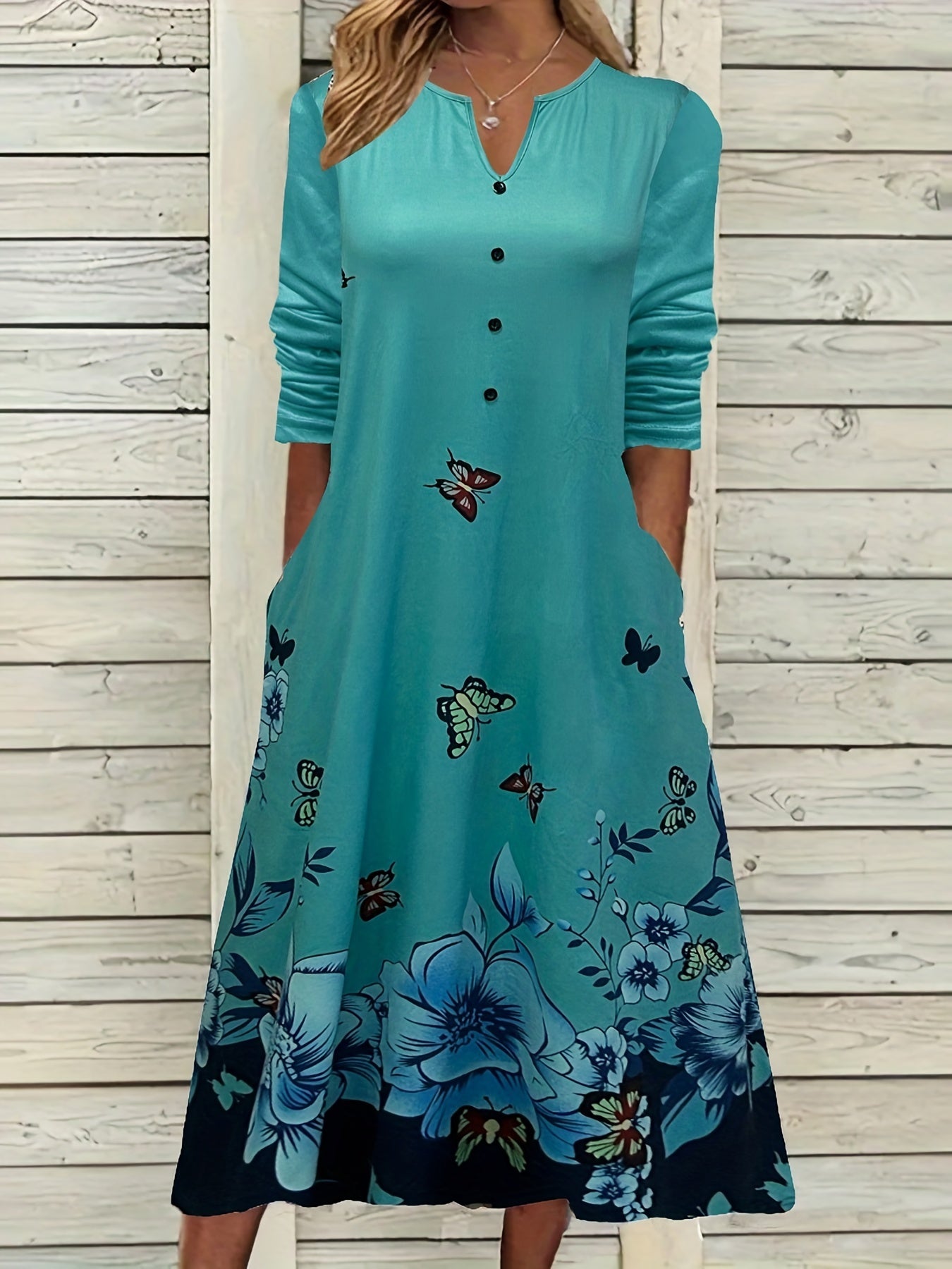 Women's Plus Butterfly & Floral Print Button Notched Neck Dress