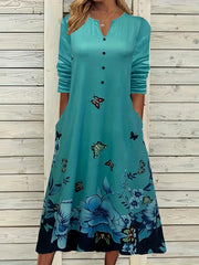 Women's Plus Butterfly & Floral Print Button Notched Neck Dress