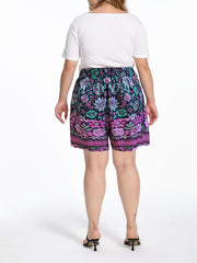  Boho Shorts Women's Plus Floral Border Print Loose Wide Leg