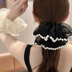 Organza Scrunchies with Faux Pearl Brim Ponytail Holder