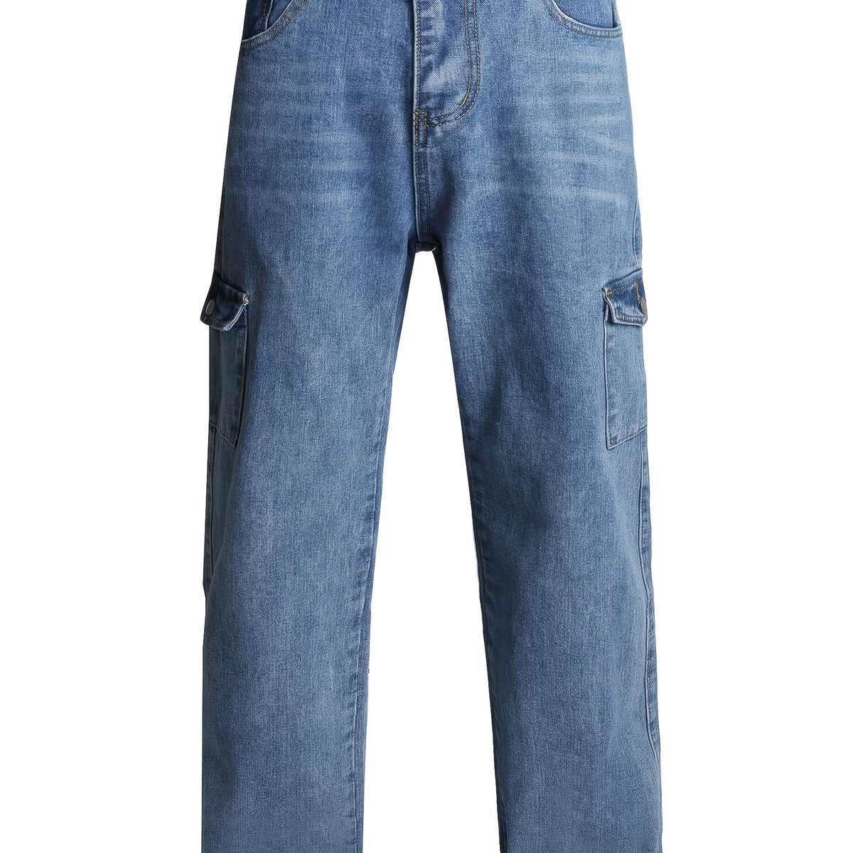 Loose Fit Straight Jeans Wide Leg Flap Pockets Non Stretch Casual Denim Pants