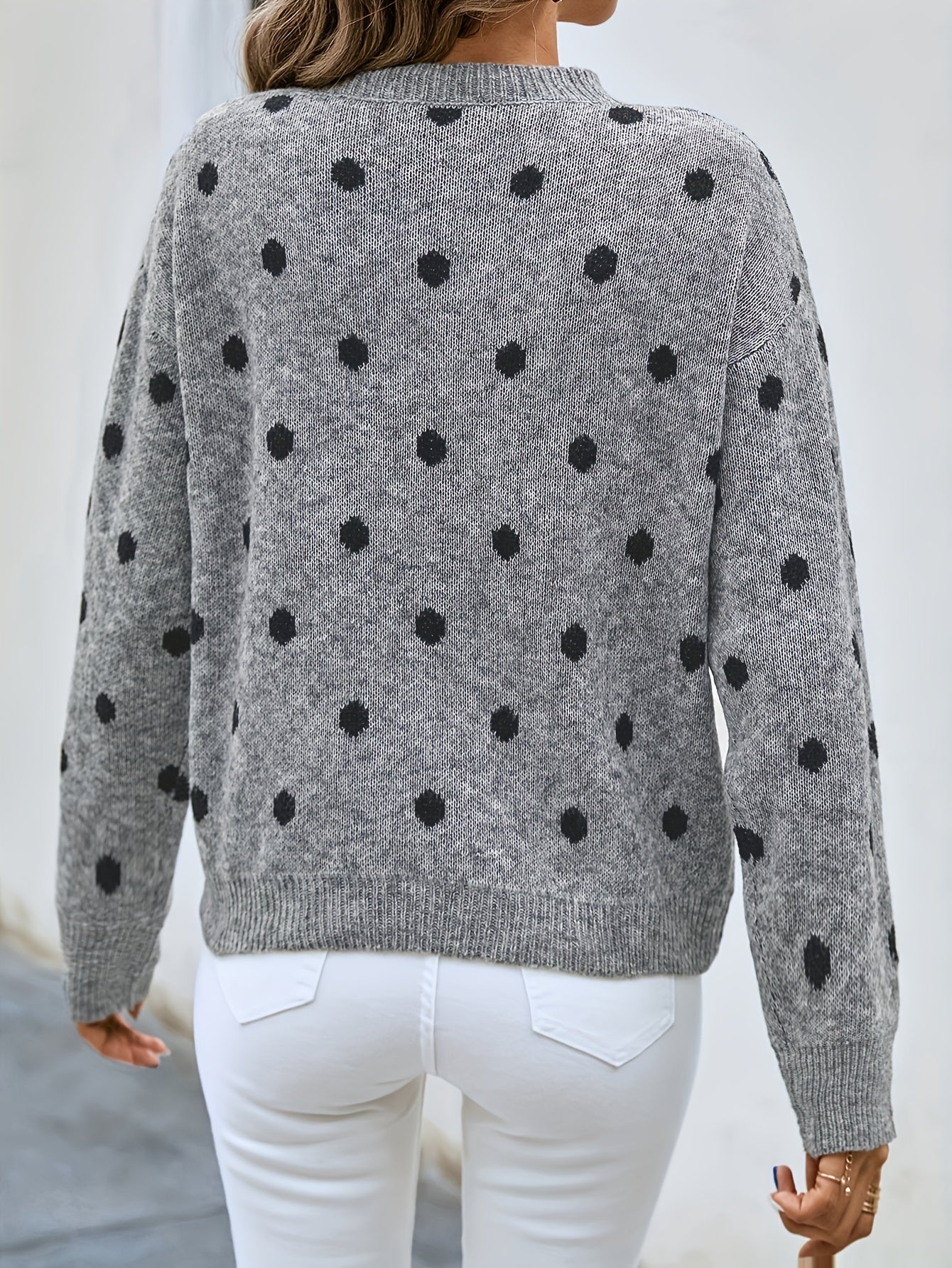 Dot Print Long Sleeve Sweater Round Neck Jumper