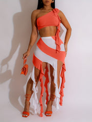 Sexy Two Piece Set Slanted Shoulder Crop Top & Tassel Block Skirts