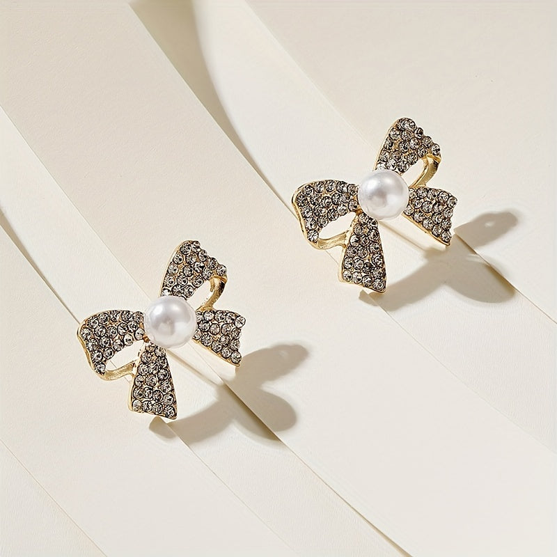 Artificial Crystal Decor Bowknot Stud Earrings 18K Plated Jewelry