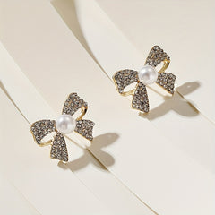 Artificial Crystal Decor Bowknot Stud Earrings 18K Plated Jewelry
