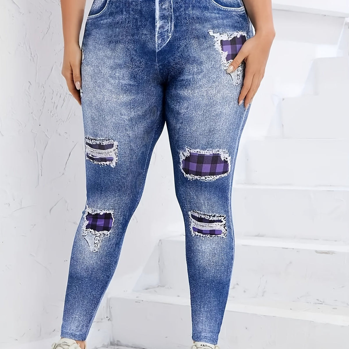 Colorblock Plaid & Denim Print Leggings
