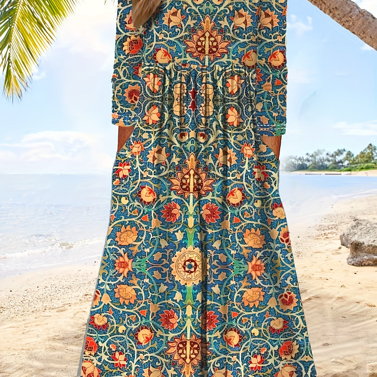  Floral Print Long Sleeve Dress With Pockets