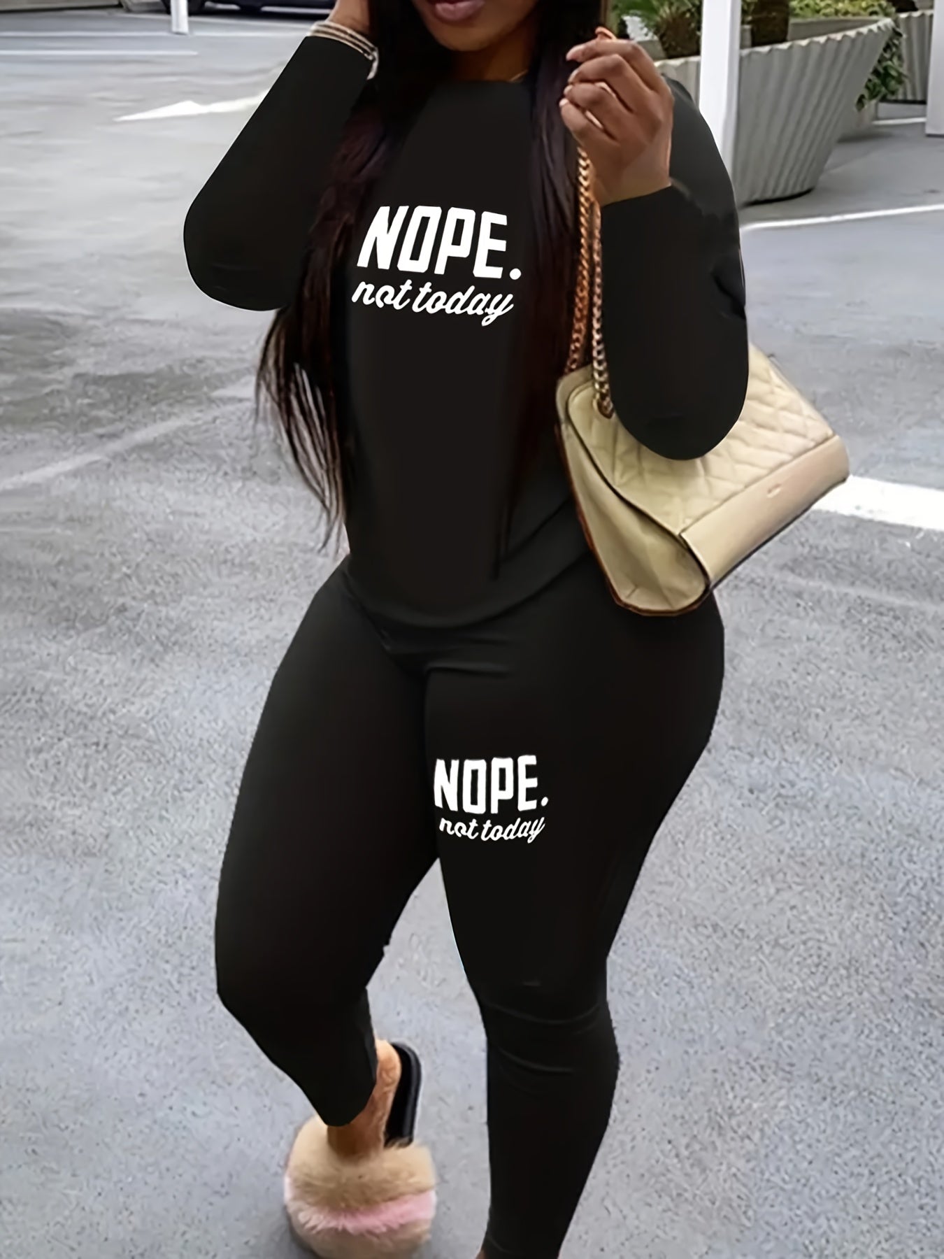  Slogan Print Long Sleeve Top & Leggings Set