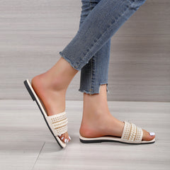 Women's Pearl & Beads Flat Slippers Square Open Toe Slides