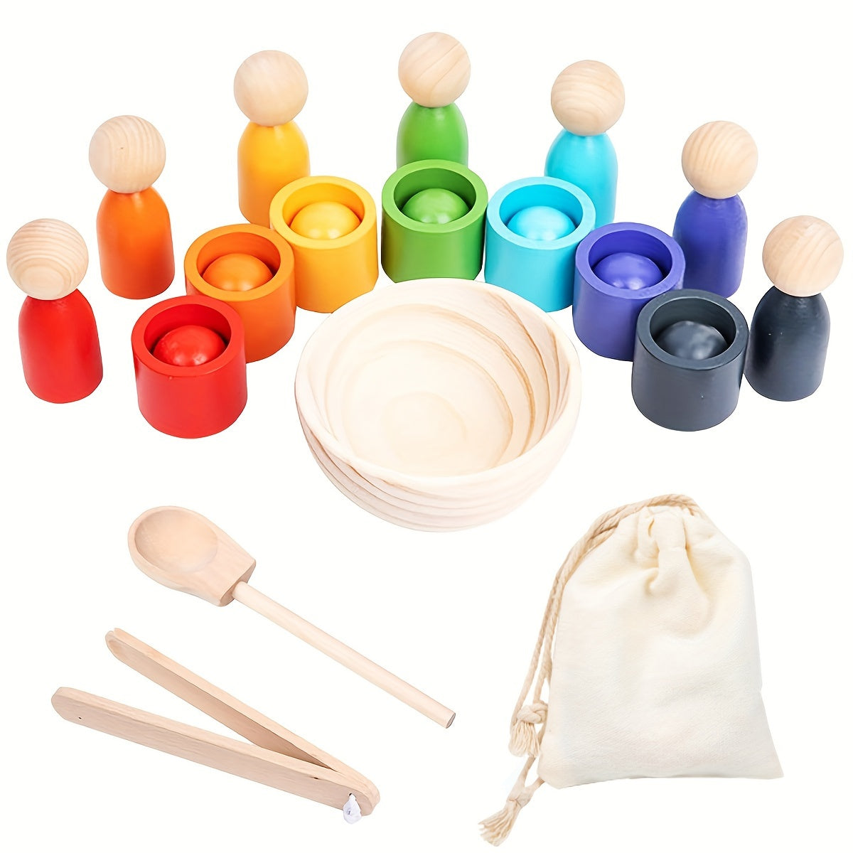 Rainbow Wooden Sorter Toy with Cups Sorting & Fine Motor Skills Development Game