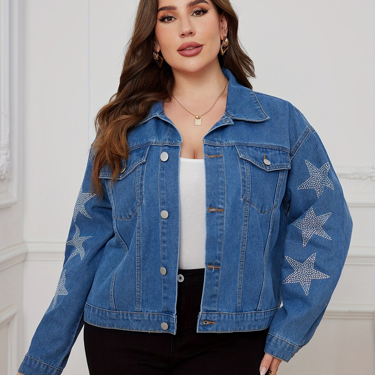  Star Print Button Up Denim Jacket