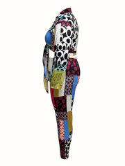  Colorblock Print Knot Crop Top & Pants Set