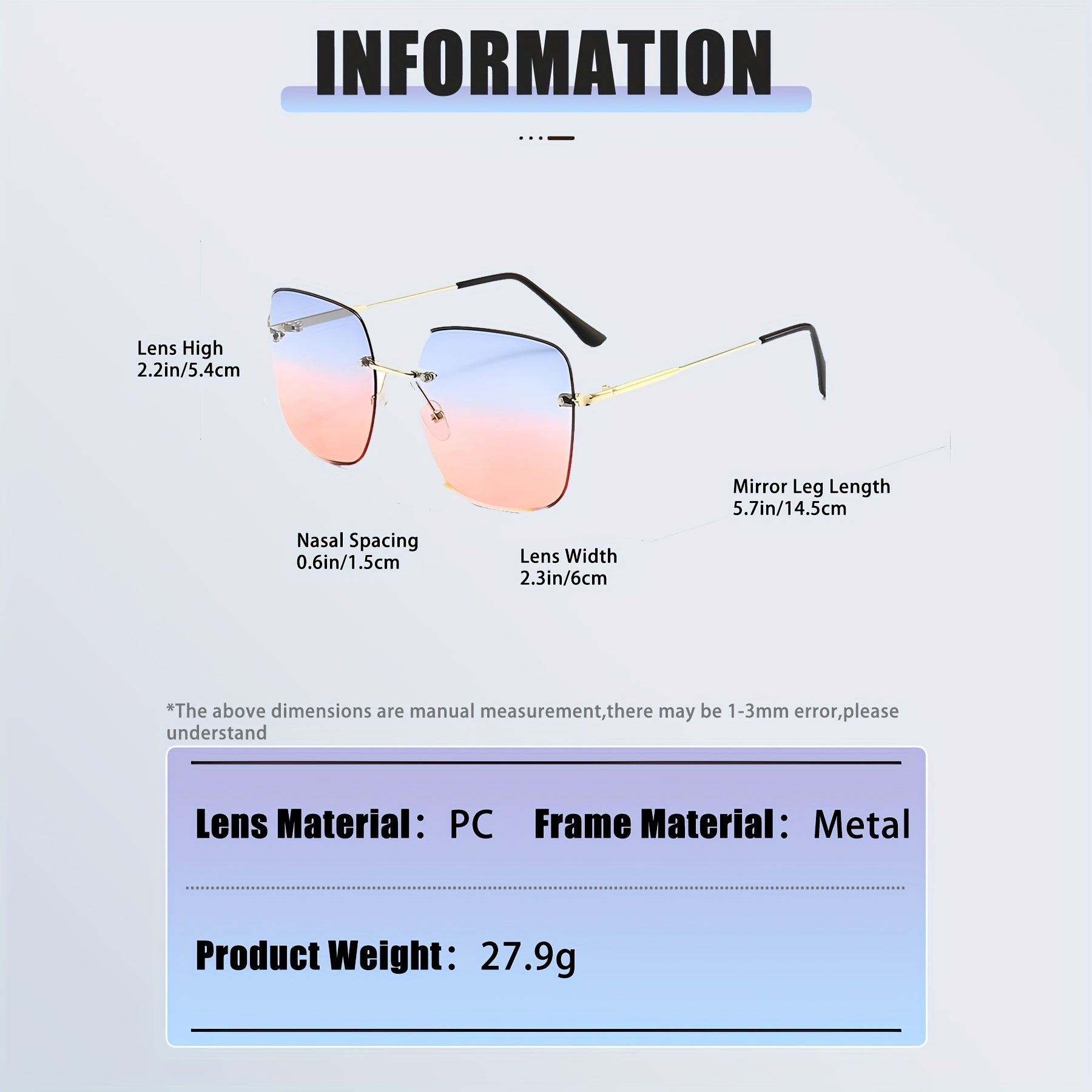 Ombre Rimless Sunglasses Square UV400 Sun Shades for Beach Travel