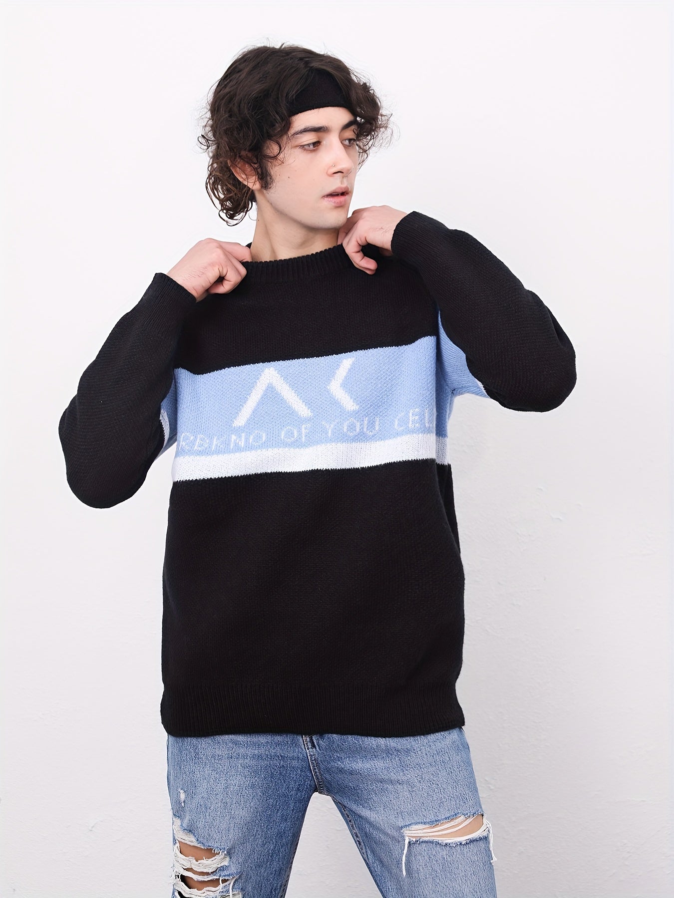 Men's Knitted Block Sweater Warm Winter Pullover