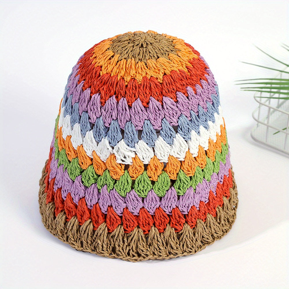 Striped Crochet Beanie Colorful Straw Cloche Hats Sun Shade Bucket Hats