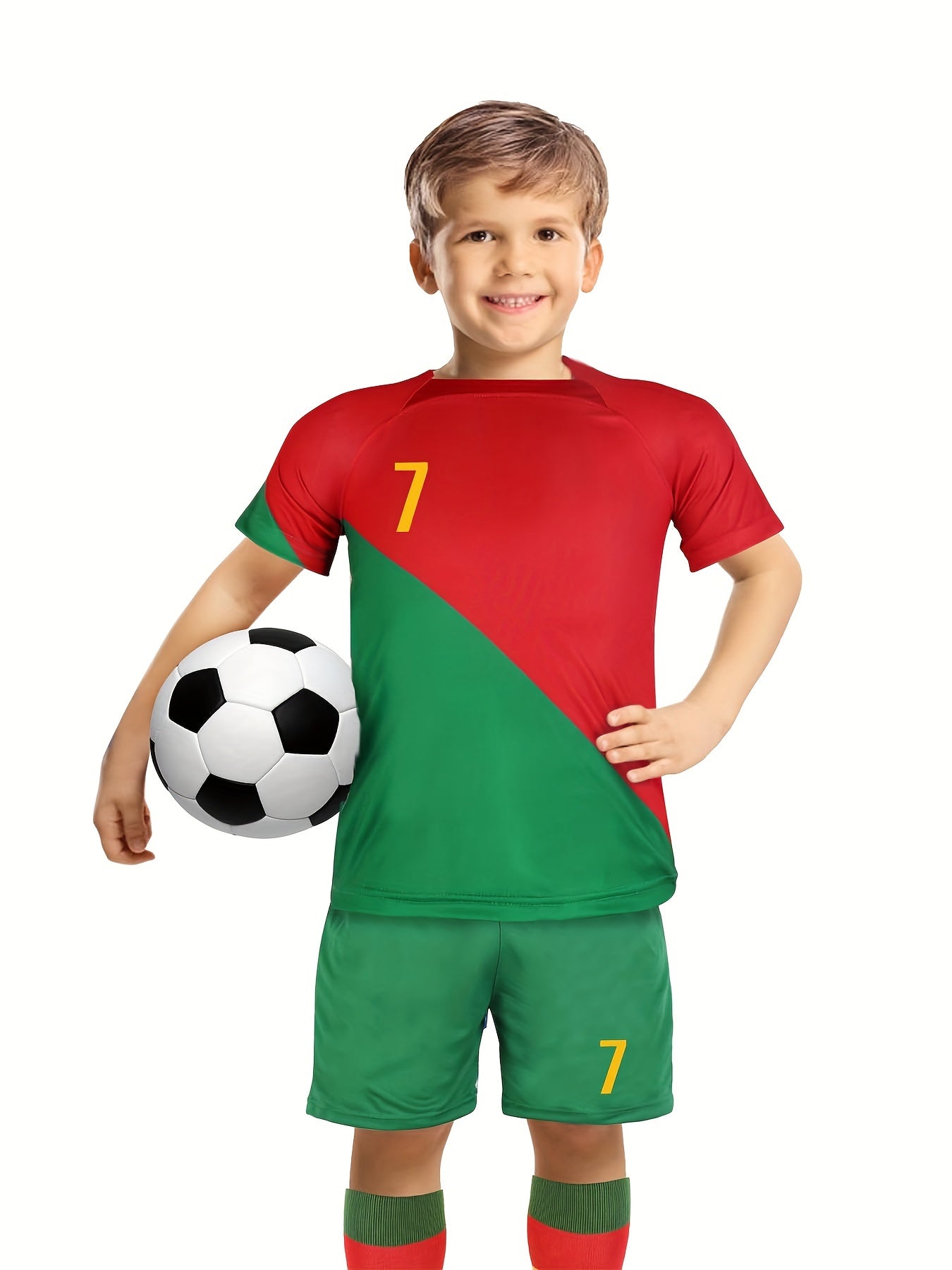 Kids Soccer Jersey No 7 Set with Shorts, Socks, Knee Pads