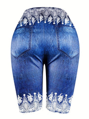  Denim & Floral Print Slim Fit Sporty Shorts