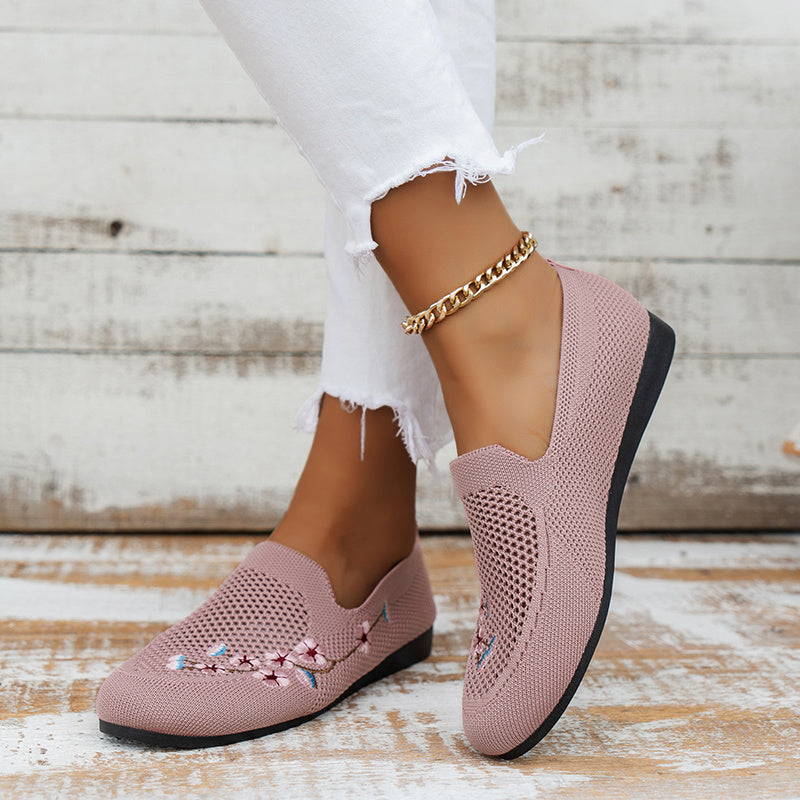 Women's Floral Embroidered Mesh Flat Shoes Lightweight Casual Footwear
