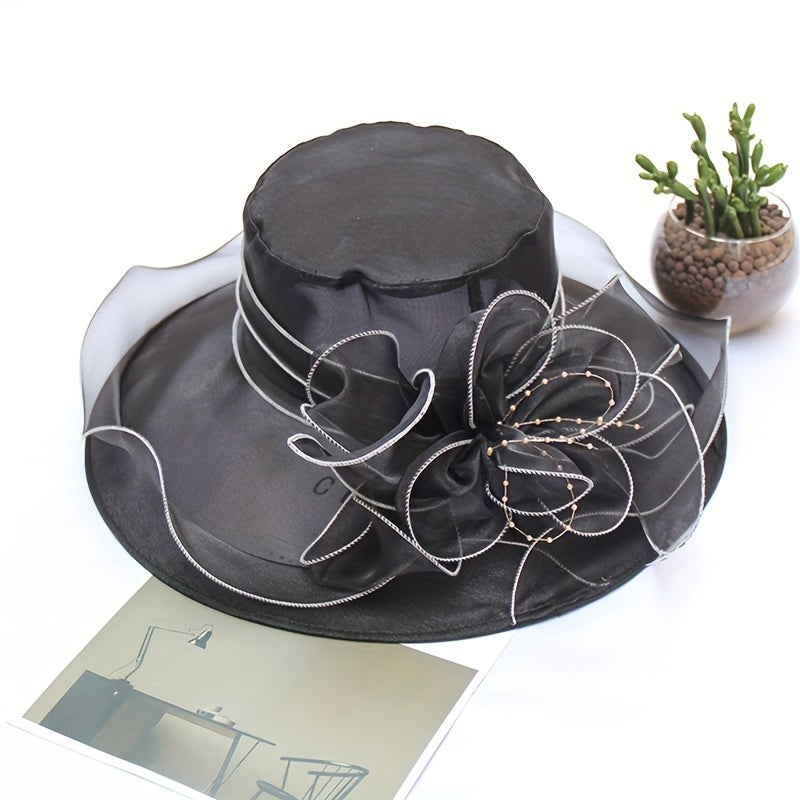 Organza Breathable Derby Hat Mesh Lace Flower Sun Hat Solid Church Hat