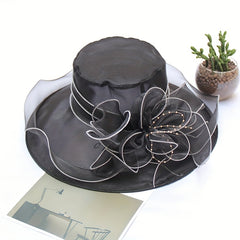Organza Breathable Derby Hat Mesh Lace Flower Sun Hat Solid Church Hat