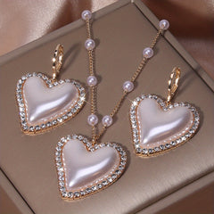 Heart Shape Faux Pearls Jewelry Set Necklace Earrings Rhinestones