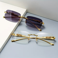 Rimless Tinted Sunglasses Metal Leopard Decor Glasses UV400