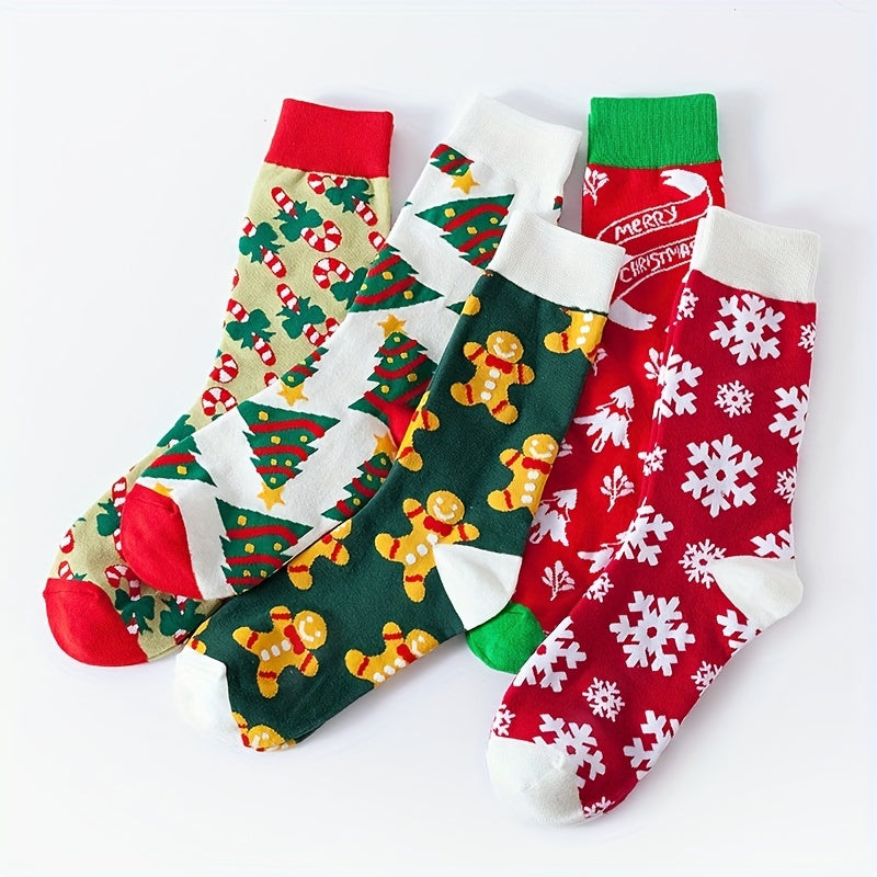 5 Pairs Cartoon Print Socks Christmas Mid Tube Stockings Women's Hosiery
