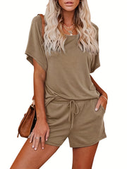 2pc Short Sleeve T Shirt & Drawstring Waist Shorts Set