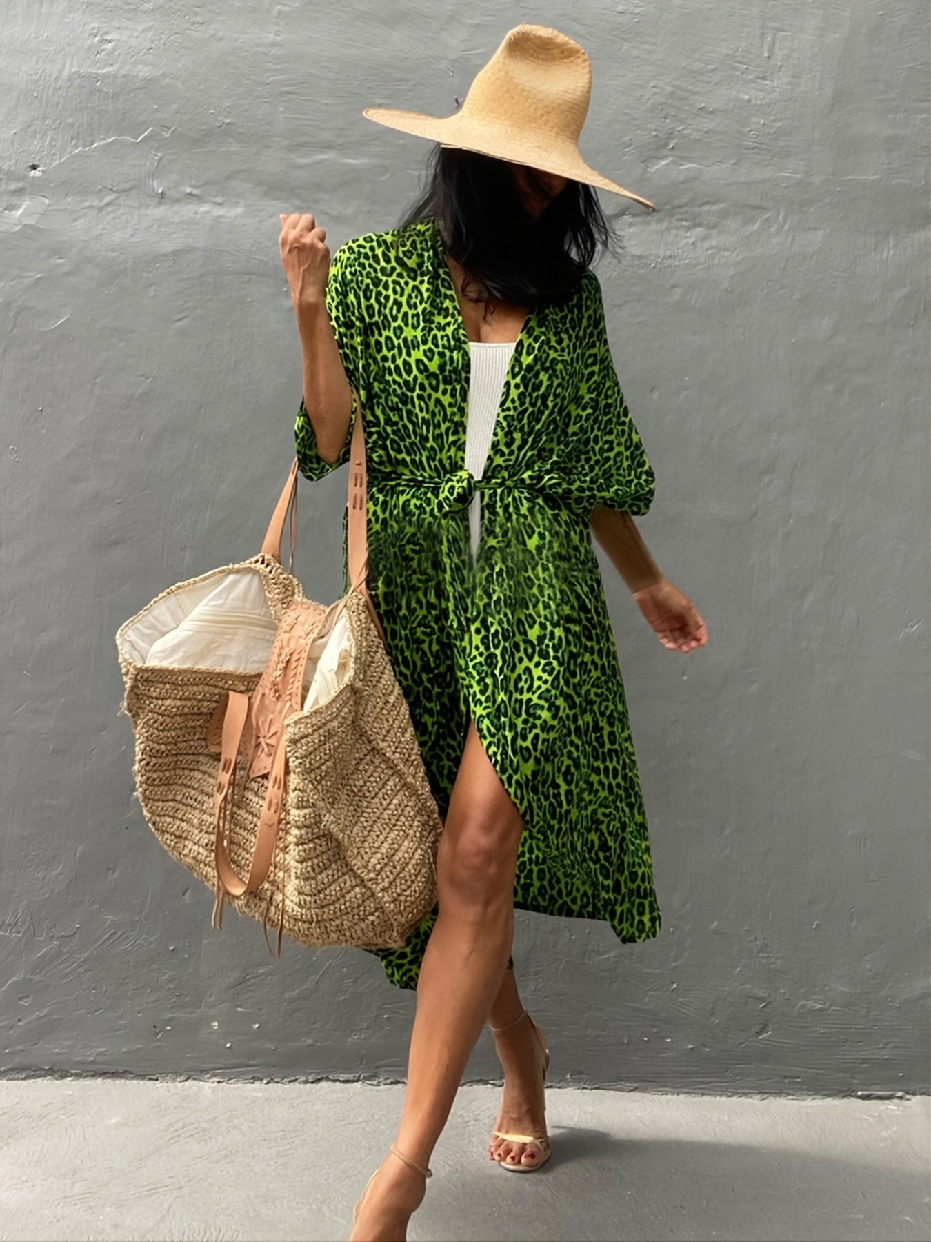 Leopard Print Cover Up Shirt V Neck Half Sleeve Loose Fit