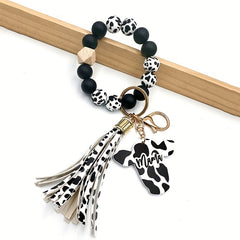 Cow Tassel Charm Beaded Bracelet Keychain Bag Car Key Chain Pendant