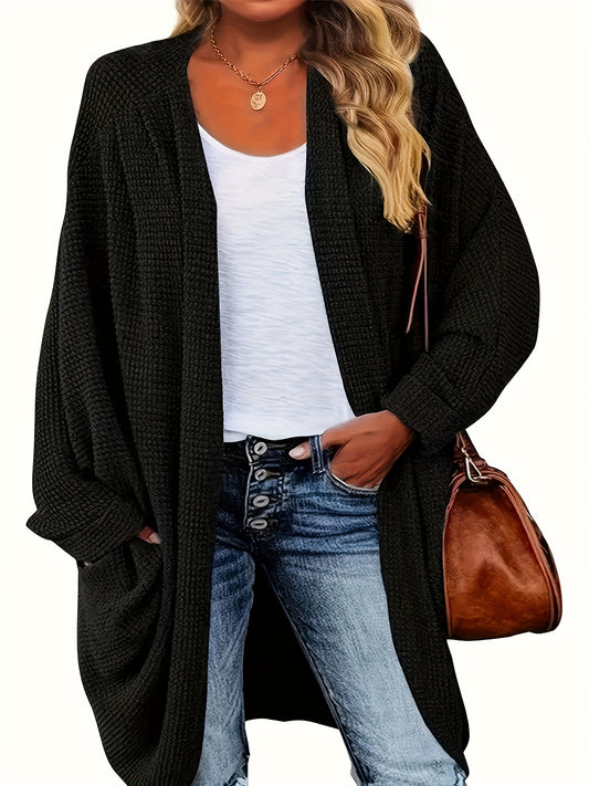  Solid Textured Batwing Sleeve Open Front Knit Cardigan