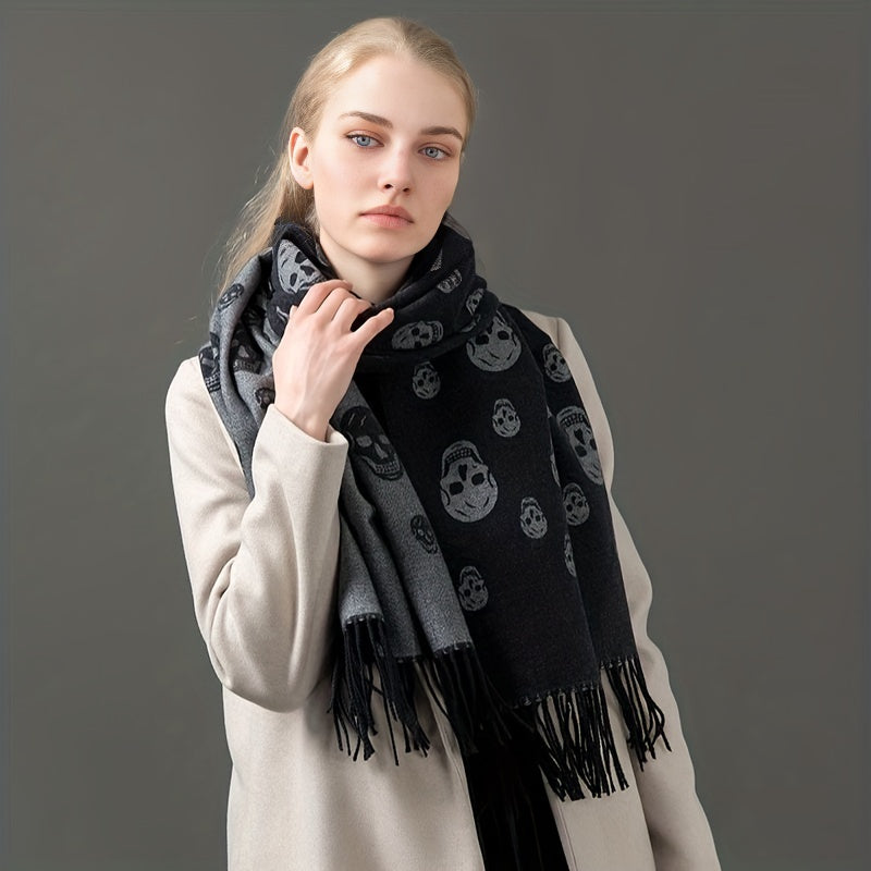 Skull Print Fringe Trim Scarf Warm Shawl Scarf Wrap