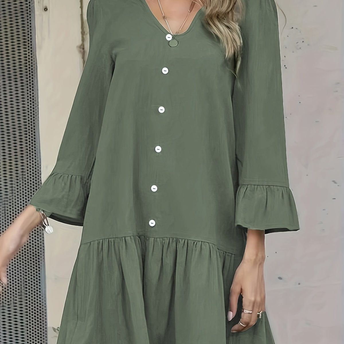  Solid Button Decor V Neck Midi Dress