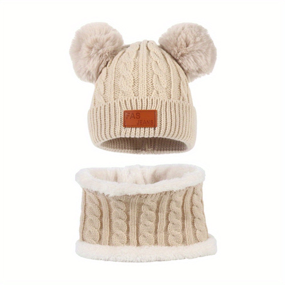 Toddler Winter Pompom Knit Cap Mittens Neck Warmer Set