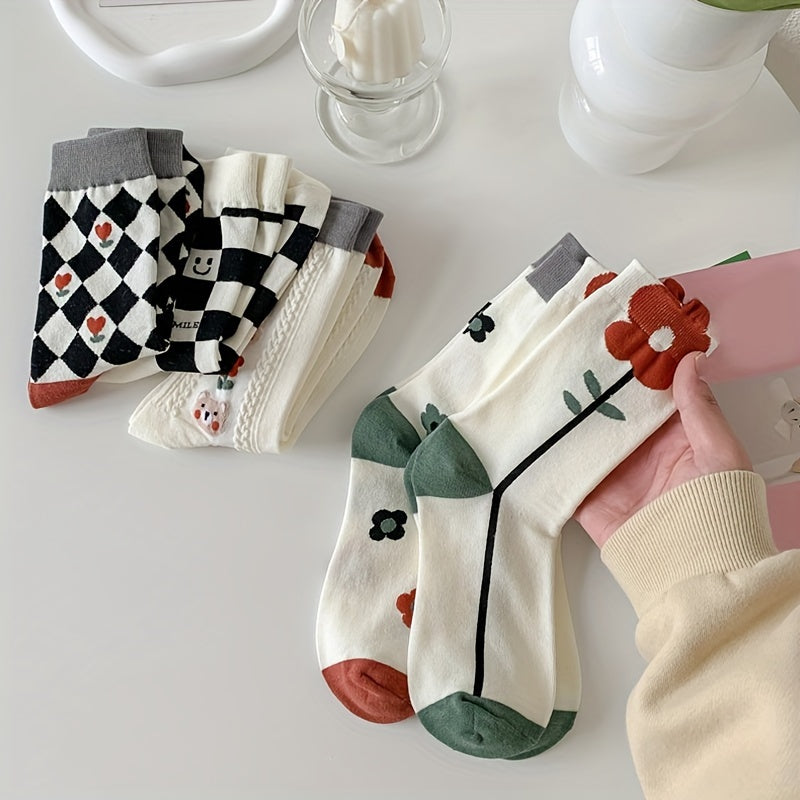 5 Pairs Floral Print Socks Mid Tube Women's Stockings & Hosiery