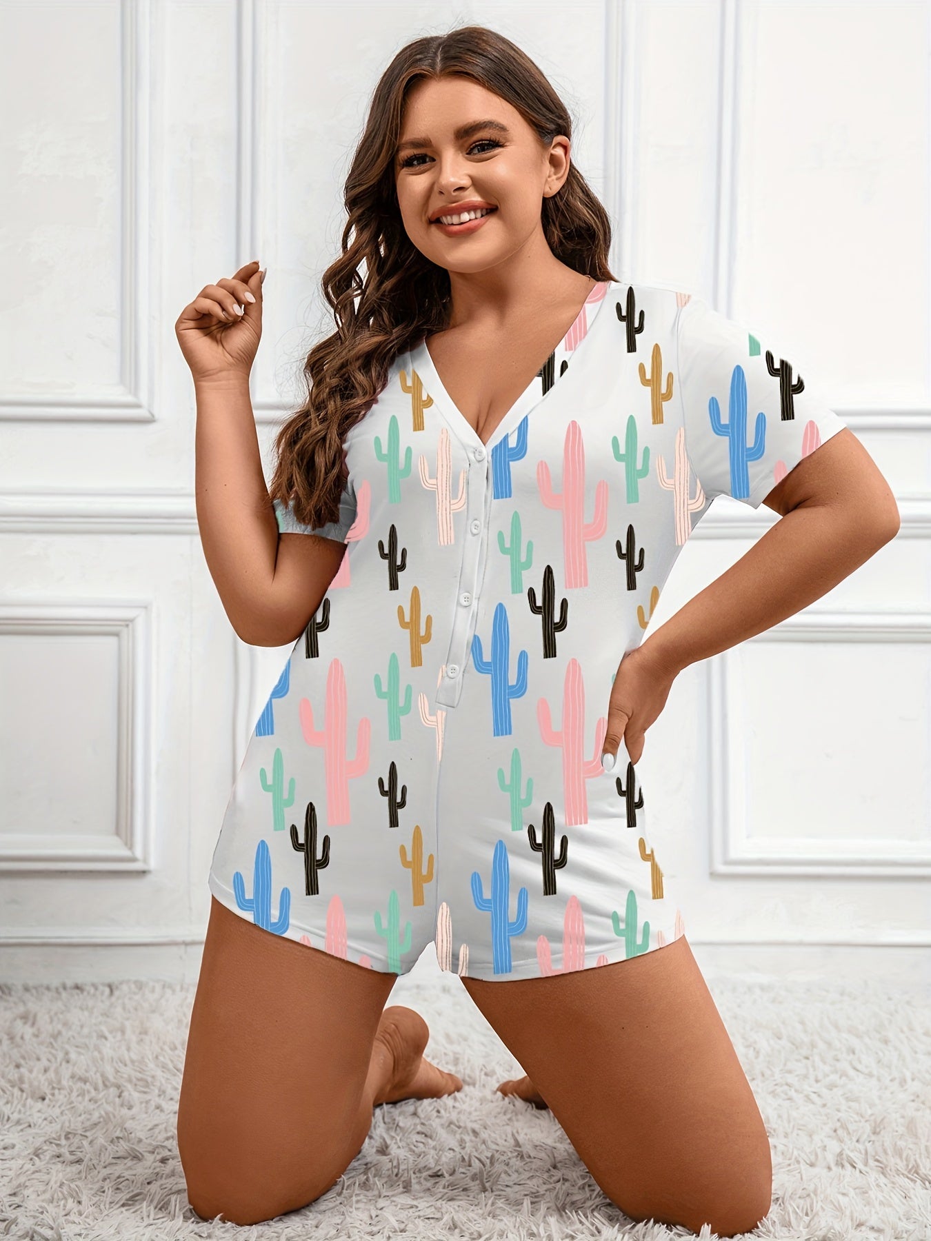  Cactus Print Loungewear Romper Short Sleeve V Neck Button Up