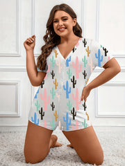  Cactus Print Loungewear Romper Short Sleeve V Neck Button Up
