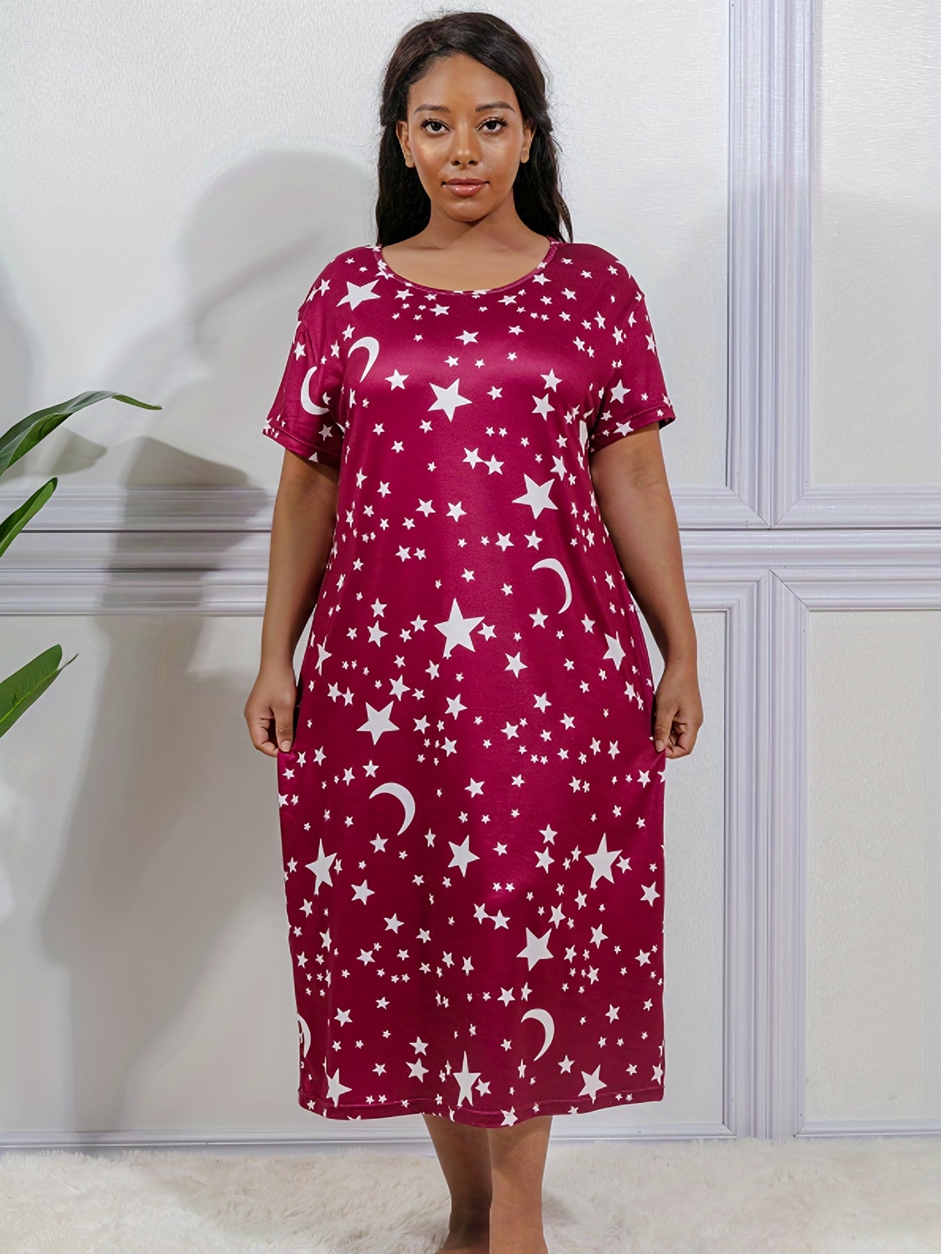  Star & Moon Print Nightdress High Stretch