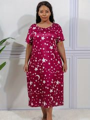 Star & Moon Print Nightdress High Stretch