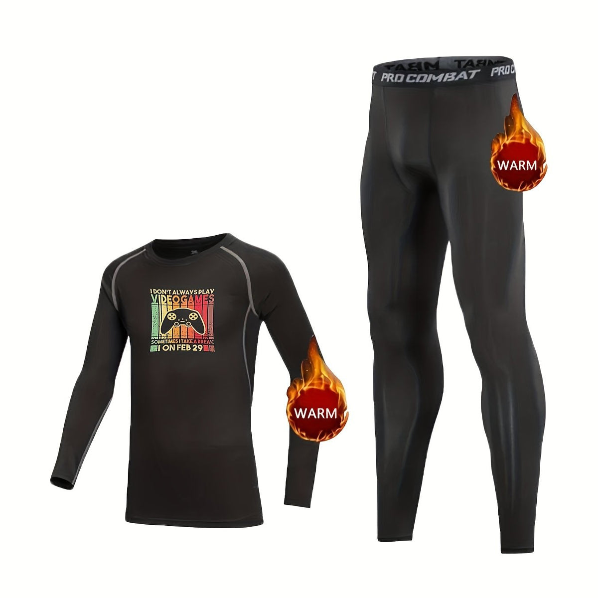 Kids Fleece Lined Compression Sports Set Gamepad Print Top & Leggings