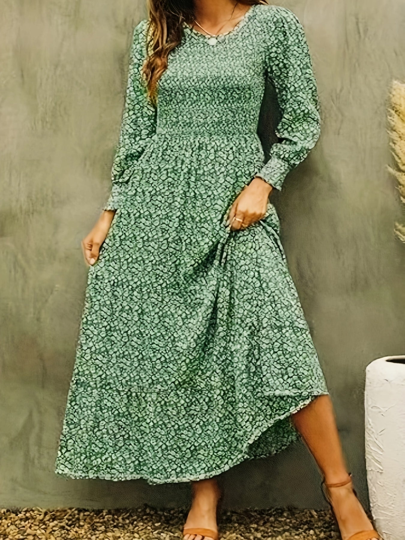  Ditsy Floral Print Lantern Sleeve Maxi Dress