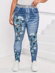  Butterfly & Denim Print High Stretch Leggings