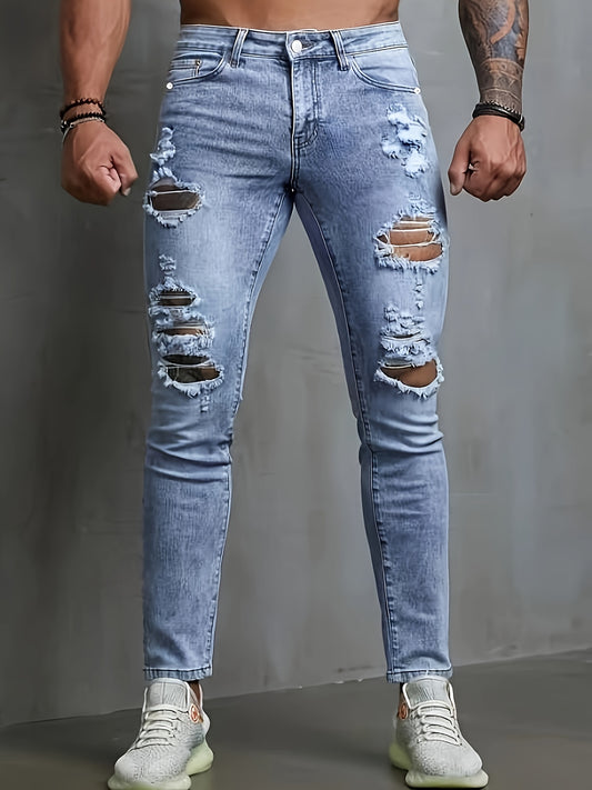 Slim Fit Ripped Jeans Mens Distressed Denim Pants
