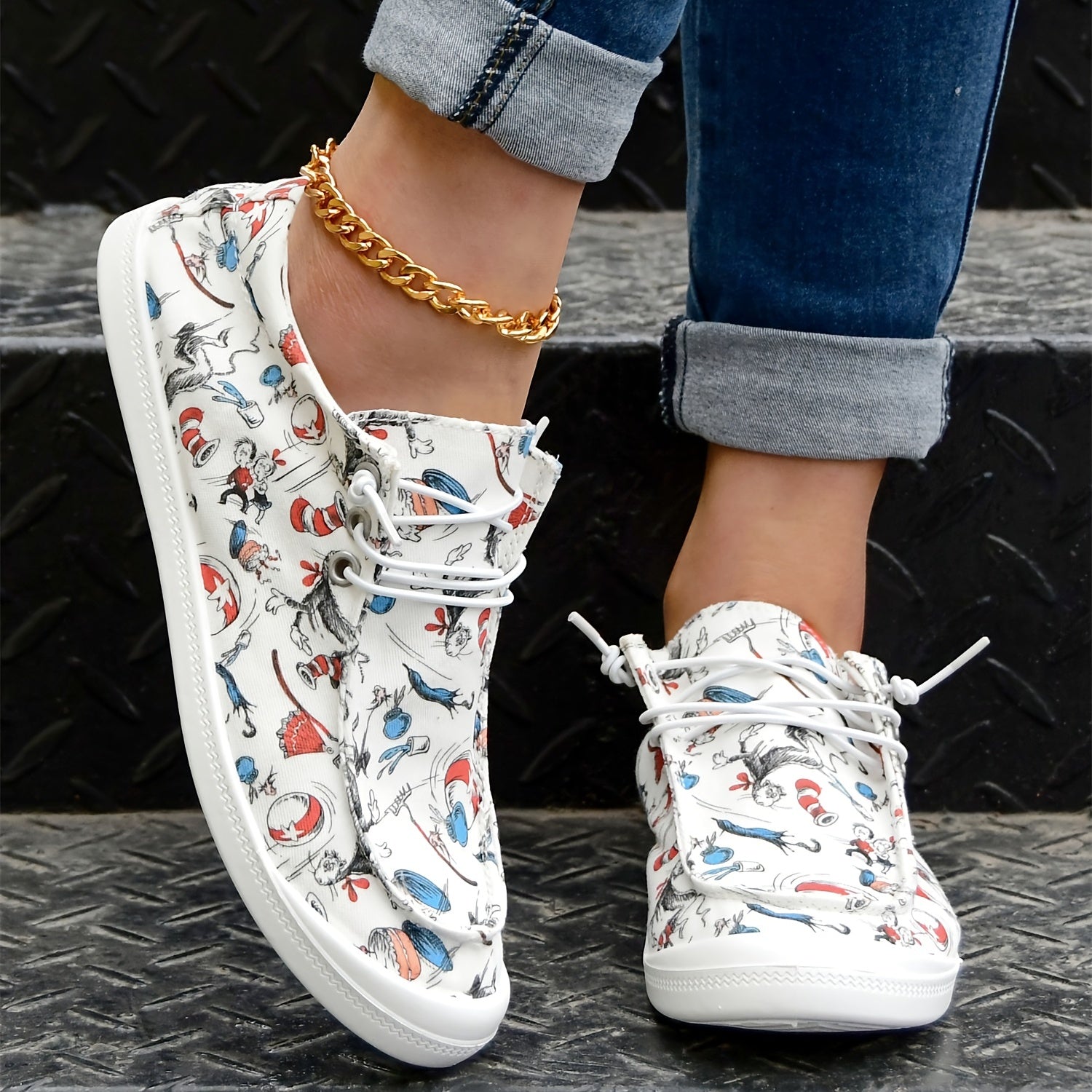 Women's Cartoon Print Canvas Loafers Lace Up Slip On Casual Low Top Shoes