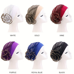 Ruffles Flower Glitter Turban Cap Solid Bonnet Head Wrap Head Scarf