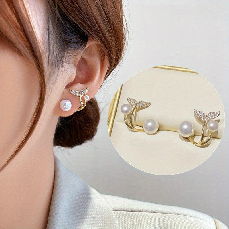 Pearl Fishtail Earrings With Rhinestone Drop Studs