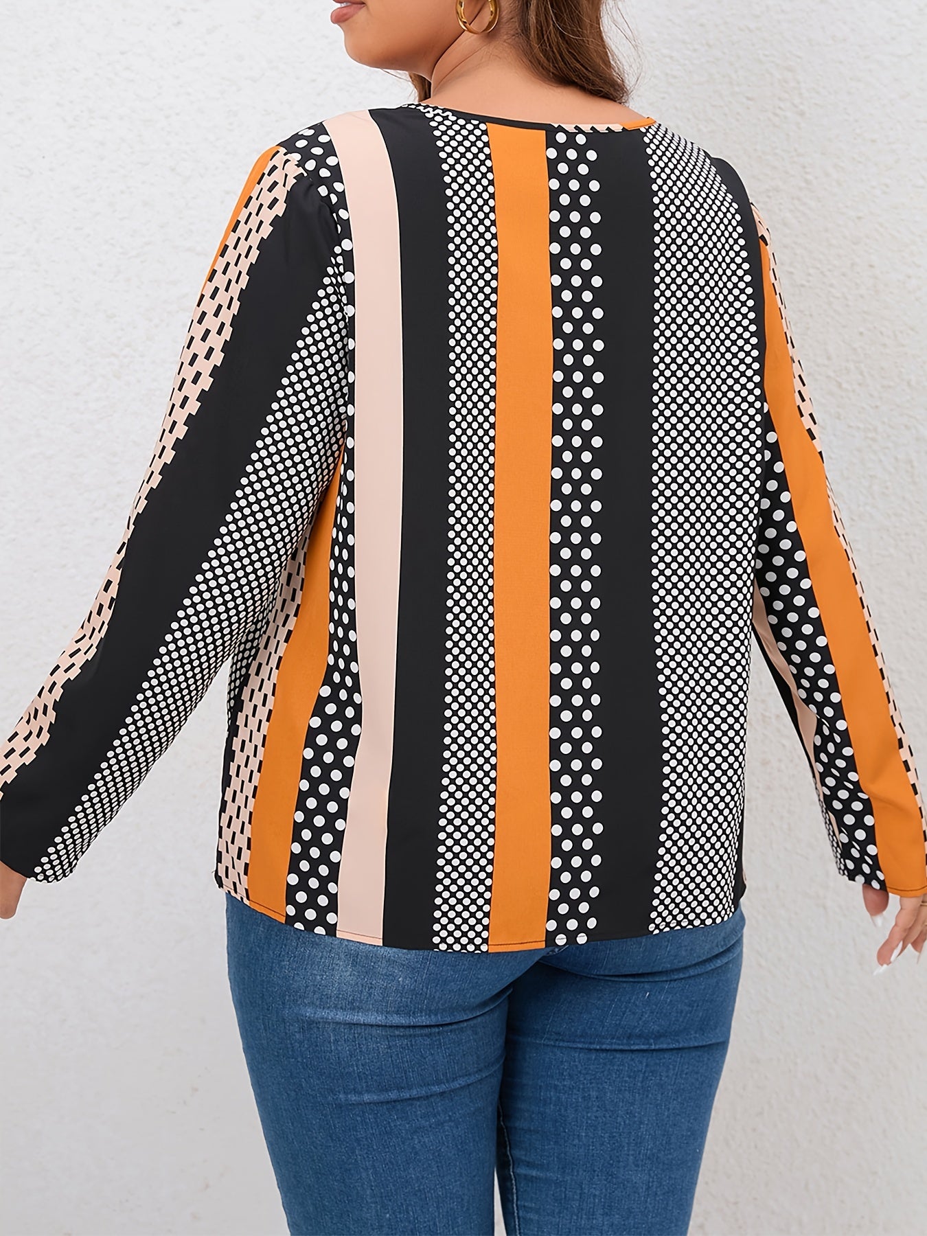  Colorblock Dot Print Long Sleeve Blouse