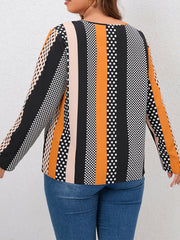  Colorblock Dot Print Long Sleeve Blouse
