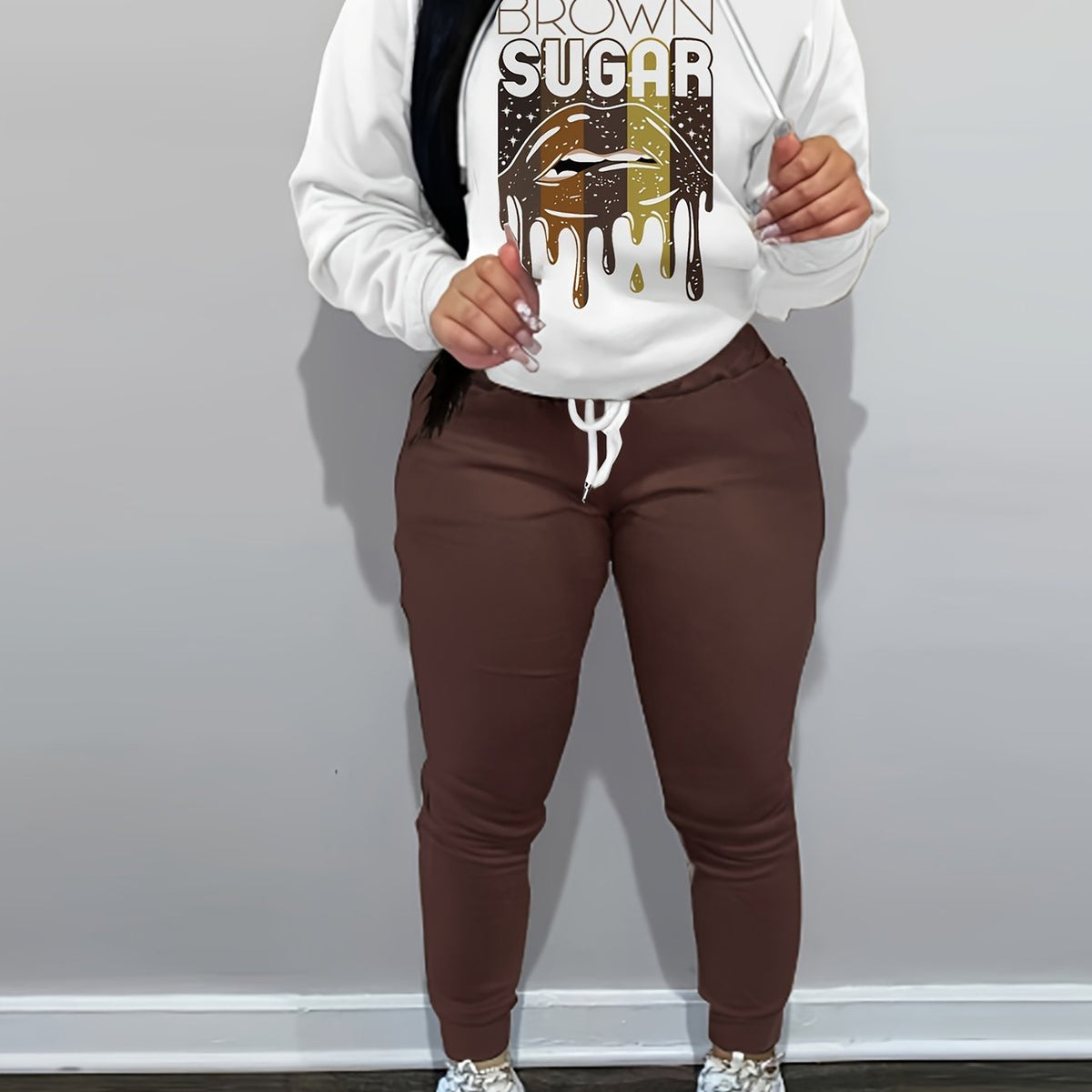 Women's Plus Lip & Letter Print Hoodie & Joggers Set