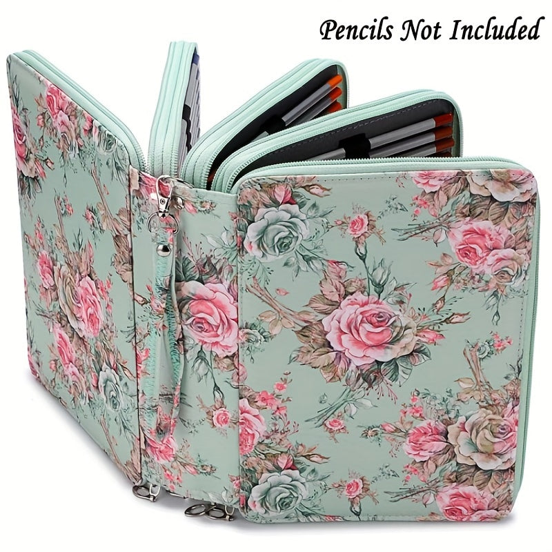 200 Holes Pencil Case Colored Pencil Holder Pen Storage Bag Zipper Rose Green